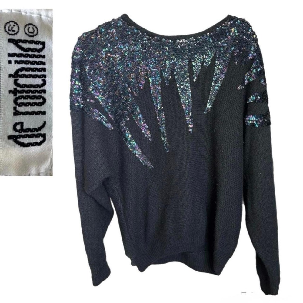 Vintage black sequin sweater 80's icicle design Large